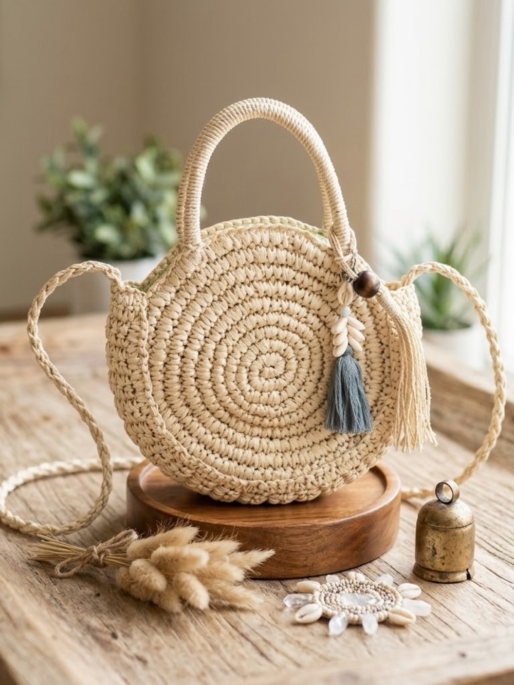 SOLID & STRIPED Round Woven Crossbody Bag in Natural